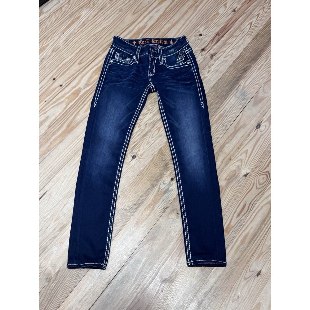 Rock Revival Sherry Skinny Dark Wash Rhinestones Thick Stitch Women’s 25